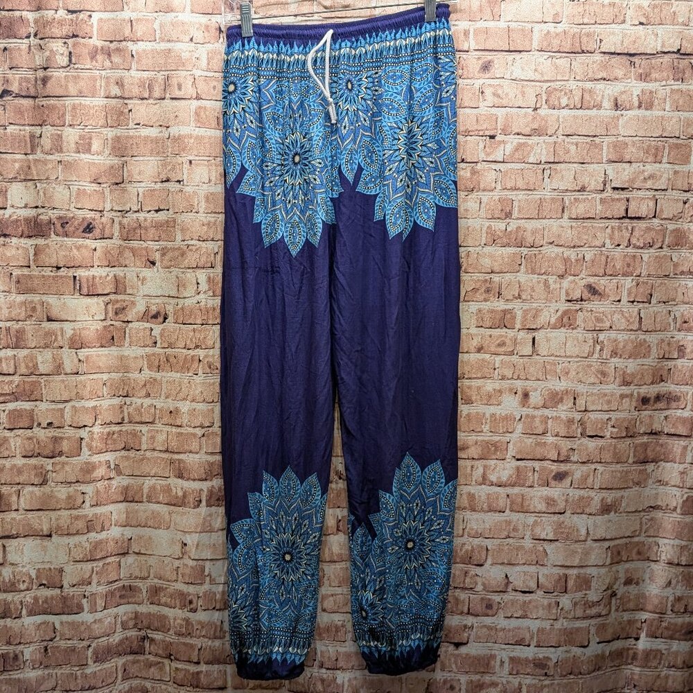 daisy island Boho Pants 100% Rayon Blue Patterned Size Large